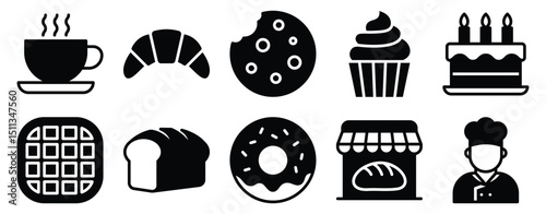 Bakery Icon Set Solid Style Collection representing baked goods and pastry creation suitable for culinary apps bakery branding and food service promotions
