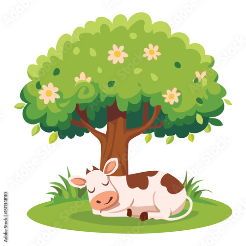 Sleeping Cow Under Tree Illustration