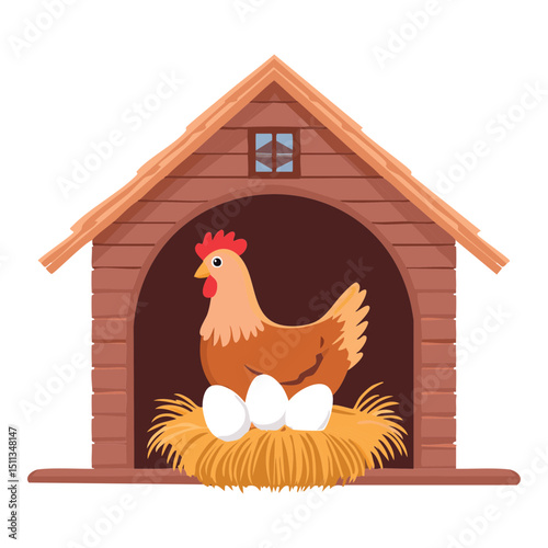 Chicken in Coop with Eggs