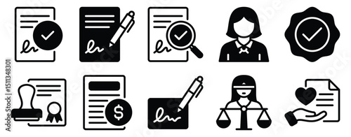 Notary Icon Set Solid Style Collection representing legal authentication and official documentation suitable for legal services administrative tasks and government-related applications