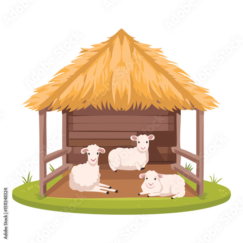Sheep in Thatched Roof Shelter