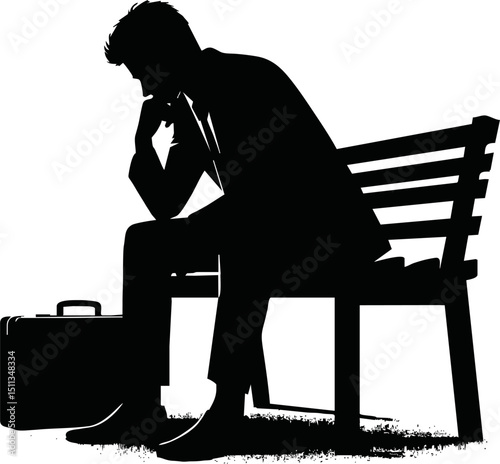 Silhouette of a person sitting and thinking on a bench with hand on chin.vector on white backlground