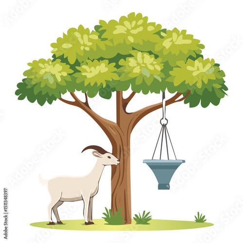 Goat Under Tree with Bucket