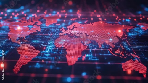 Abstract World Map Digitalization Concept with Circuitry and Glowing Connections