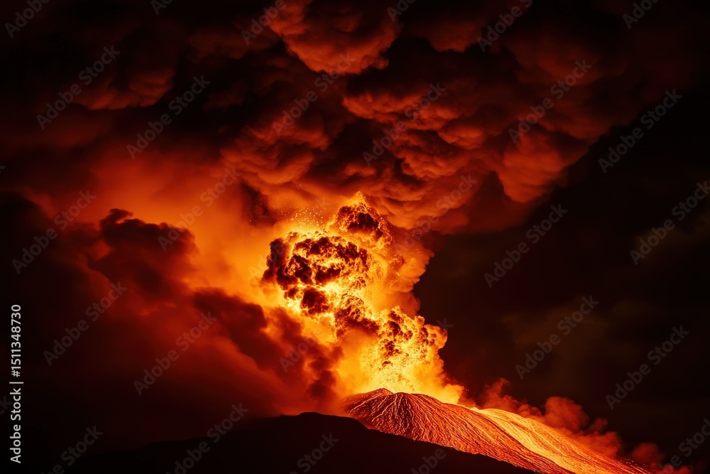 Fototapeta premium A dramatic eruption of a volcano at night.