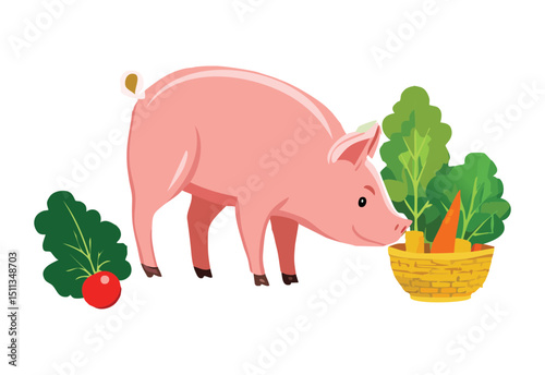 Pink Pig Sniffing Plant Illustration