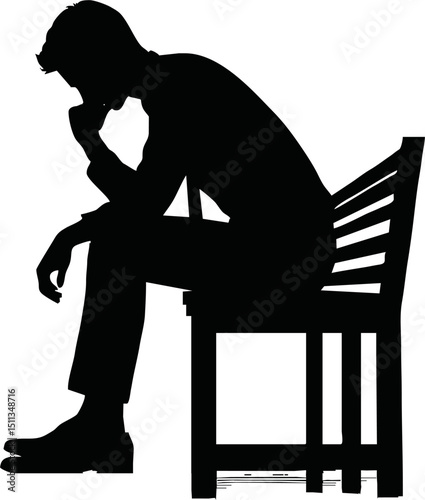 Silhouette of a person sitting and thinking on a bench with hand on chin.vector on white backlground