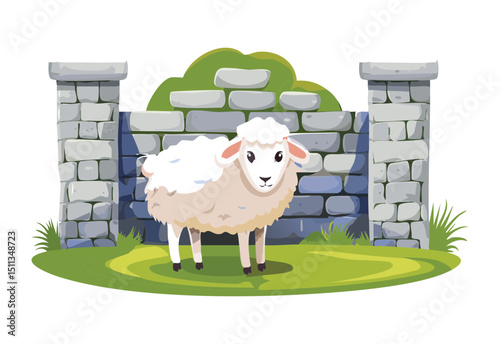 Happy Sheep in Green Field by Wall