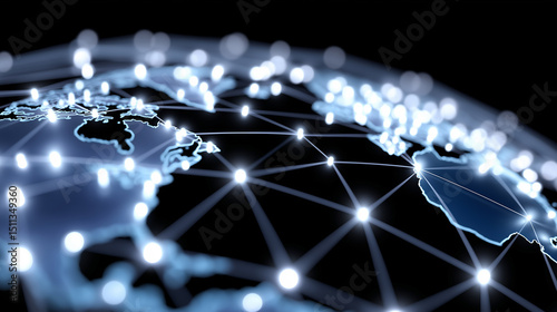 Digital illustration of a connected world map with glowing network nodes and lines representing global communication.
 photo
