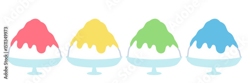 4つの味のかき氷セット　いちご、レモン、メロン、ブルーハワイ　(ベクター素材)