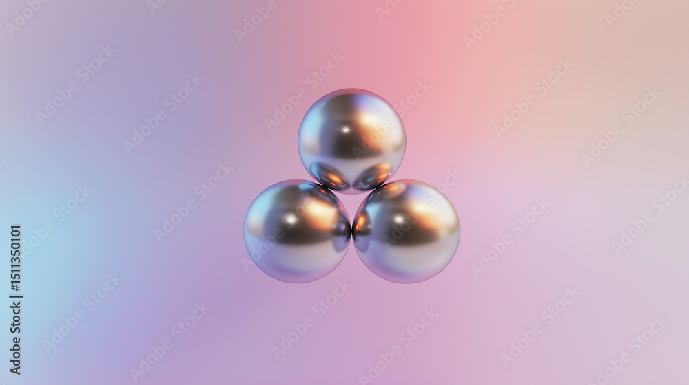 Fototapeta premium Three reflective metallic spheres connected in a triangular arrangement on a soft gradient pastel background. 