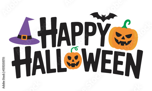  Happy Halloween Typography with Bats and Pumpkin, Typography Happy Halloween vector and Halloween elements with white background