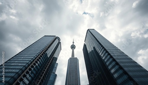 Toronto skyscrapers ascend, piercing a cloudy sky, viewed from below,  view,  Ontario