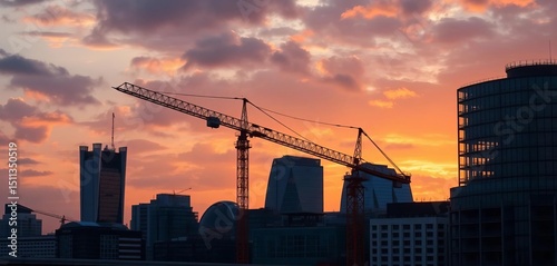 Tower crane silhouetted against London skyscrapers during construction, skyline, london
