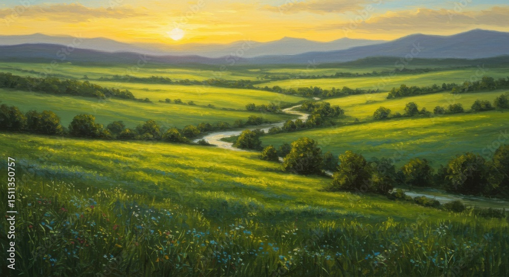 Scenic Countryside Landscape Painting with River at Sunset Scenic Countryside Landscape Painting with River at Sunset
