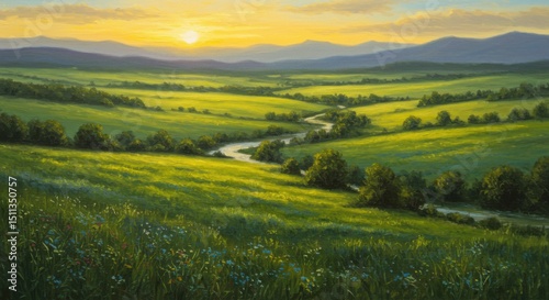 Scenic Countryside Landscape Painting with River at Sunset