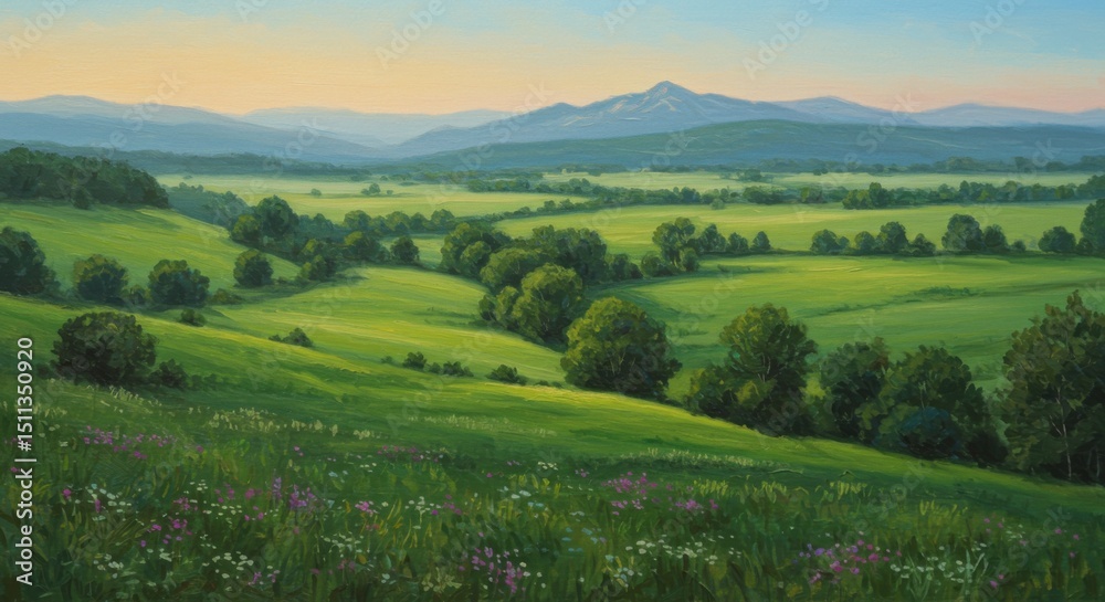 Fototapeta premium Rolling Green Hills Landscape with Distant Mountains and Wildflowers