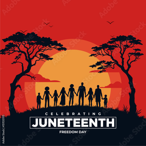 Minimalist and bold typographic design featuring "CELEBRATING JUNETEENTH FREEDOM DAY" in a clean, stacked layout. Perfect for Juneteenth posters, social media graphics, educational content, or cultura