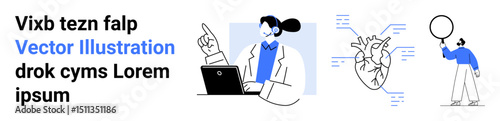 Person pointing while working on laptop, anatomical heart labeled with components, individual holding balloon. Ideal for education, science, creativity, teamwork, medical topics, innovation