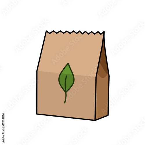 Brown paper bag vector with leaf icon, Eco-friendly, Recyclable, Zero Waste, Organic packaging symbol