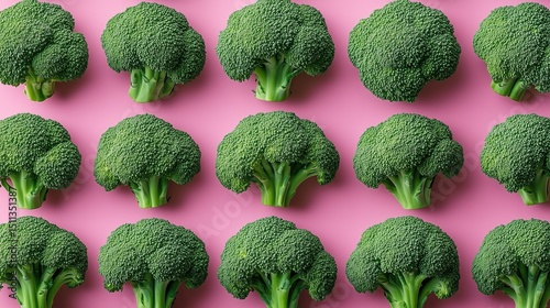 Broccoli Array on a Pink Background Image, Ideal for Food Photography, Healthy Diet Promotion, Fresh - produce E - commerce Imagery, etc. Neatly Arranged Broccoli, Suitable for Recipe Design photo