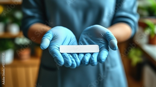 Image of Medical Staff Holding a Band - Aid, Ideal for Medical Supplies Ads, Health Science Popularization Promotion, First - Aid Knowledge Promotion, etc. Display of Blue Gloves and Band photo