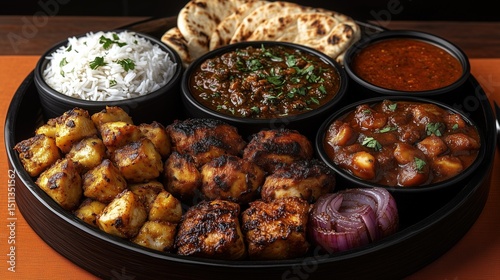 Abundant Indian Cuisine Platter Image, Ideal for Catering Ads, Food Blog Imagery, Cooking Tutorials, Cultural Tourism Promotion, etc. Including Fragrant Rice, Naan, Specialty Curries photo