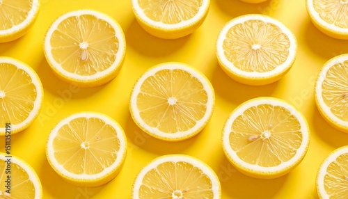 Yellow lemon slices form a fresh, seamless citrus pattern on white