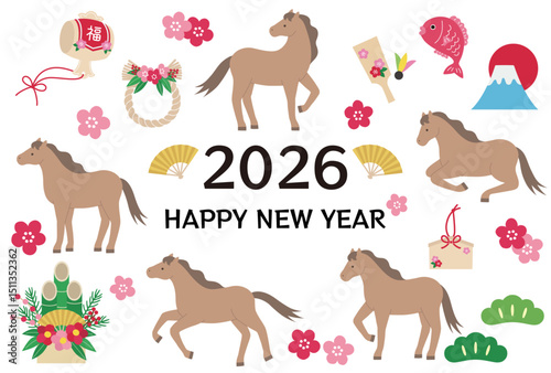 2026年午年の年賀状テンプレート。馬、かわいい、縁起物、ベクター、うま