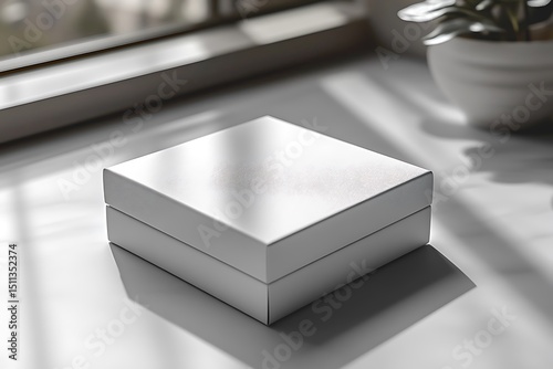 White box mockup on sunlit countertop with potted plant

