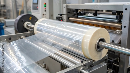 Industrial Plastic Film Unrolling A Close-Up View of a Modern Packaging Machine in Action, Showcasing the Process of Transparent Sheet Production.