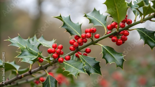 Vibrant red berries adorn a holly sprig, glistening under soft light. The spiky green leaves contrast beautifully, creating a festive winter scene. A charming natural detail. photo