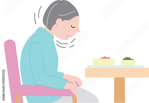 食事中に居眠りするシニア女性のベクターイラスト