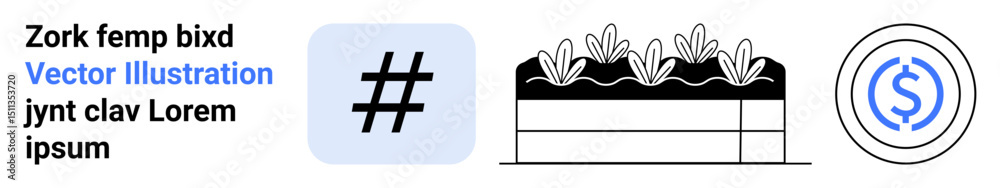 Fototapeta premium metadata tag in a blue square, outlined garden bed with plants, and blue dollar sign in circular border. Ideal for social media, gardening, finance, minimalism, branding, eco-business simple landing