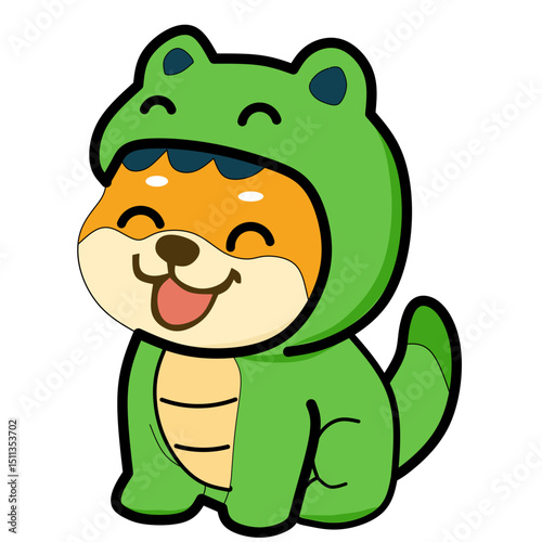 Shiba inu dog in dinosaur costume cartoon hand drawn style