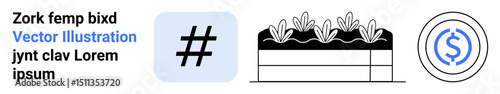 metadata tag in a blue square, outlined garden bed with plants, and blue dollar sign in circular border. Ideal for social media, gardening, finance, minimalism, branding, eco-business simple landing