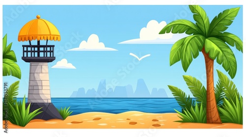 Cartoon beach landscape with lighthouse and palm tree.