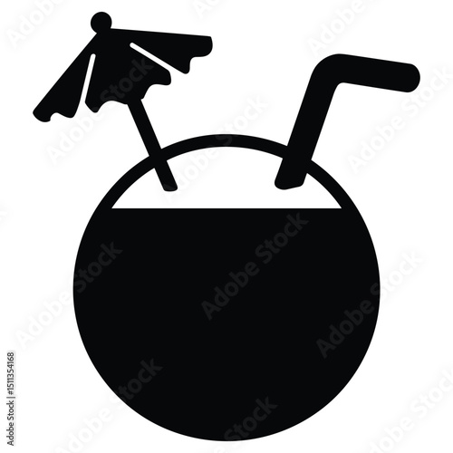 Clean black silhouette vector of a coconut drink with a straw and a small cocktail umbrella on top 