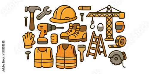 Construction vector toolset, heavy duty equipment, toolkit design, power drill icon, hammer and wrench, tool collection, fix gear, repair toolbox for industrial use engineering and handyman projects