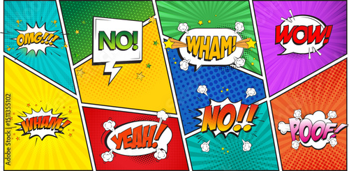 Comic book speech bubble. Colorful comic background in pop art style. Cartoon explosions funny comical speech clouds, comics words, thinking bubbles and graphic conversation text elements