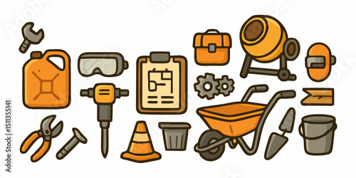 Construction tools vector, industrial equipment, power tools, hand tools, repair gear, building items, workshop kit, toolset design, mechanical tool icon for maintenance and construction work