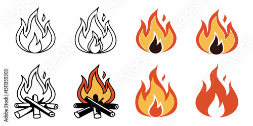 Fire Icon Collection – Flame Symbols and Bonfire Silhouettes in Flat Style

