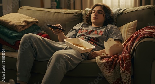 Wallpaper Mural Lazy Evening Teenager Relaxing on Couch with Takeout Food and Remote Torontodigital.ca