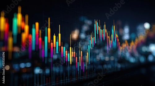 Profit taking exit strategy based on chart and entry indicator concept. Vibrant financial graph with colorful bars against city backdrop.