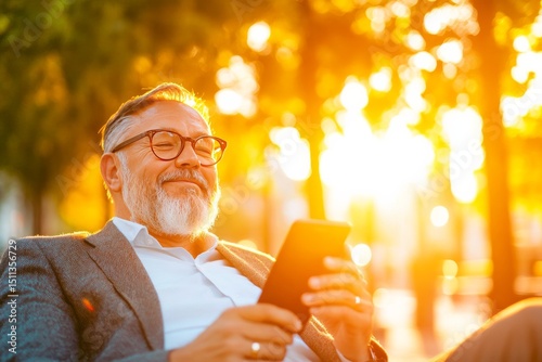 Relaxed businessman checking his phone during sunset: A mature businessman with a beard and glasses sits outdoors, using a smartphone or tablet, enjoying the sunset.  He appears relaxed and content.