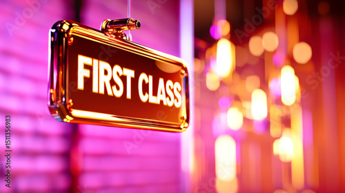 First Class Sign: A golden, retro-style signboard elegantly proclaims 
