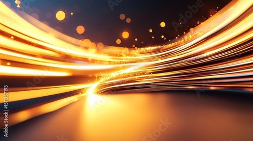 Golden Lines of Velocity: This abstract scene showcases dynamic lines and forms of golden light streaking across a dark background, symbolizing speed, energy, and advanced technology.