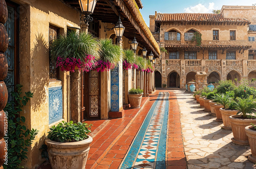 decorative stone terrace walkway in old Spanish Moorish style building