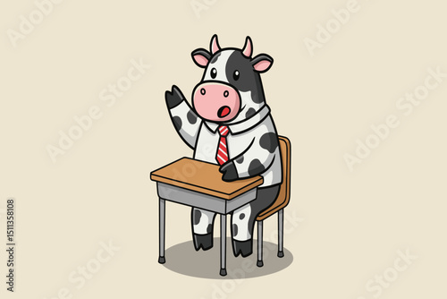 A cow sitting cross-legged and reading a big storybook with excitement in its eyes.