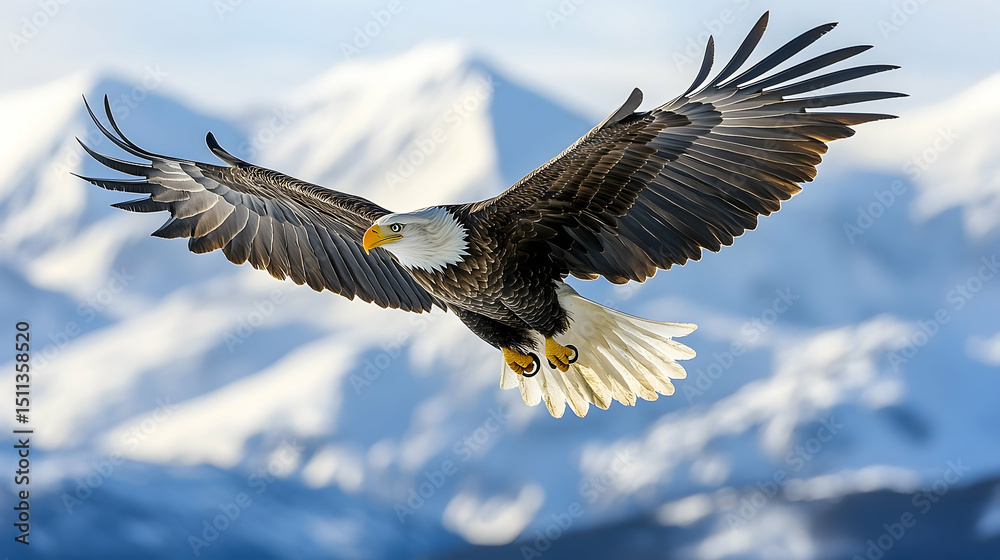 Naklejka premium Majestic bald eagle soaring over snow-capped mountains.
